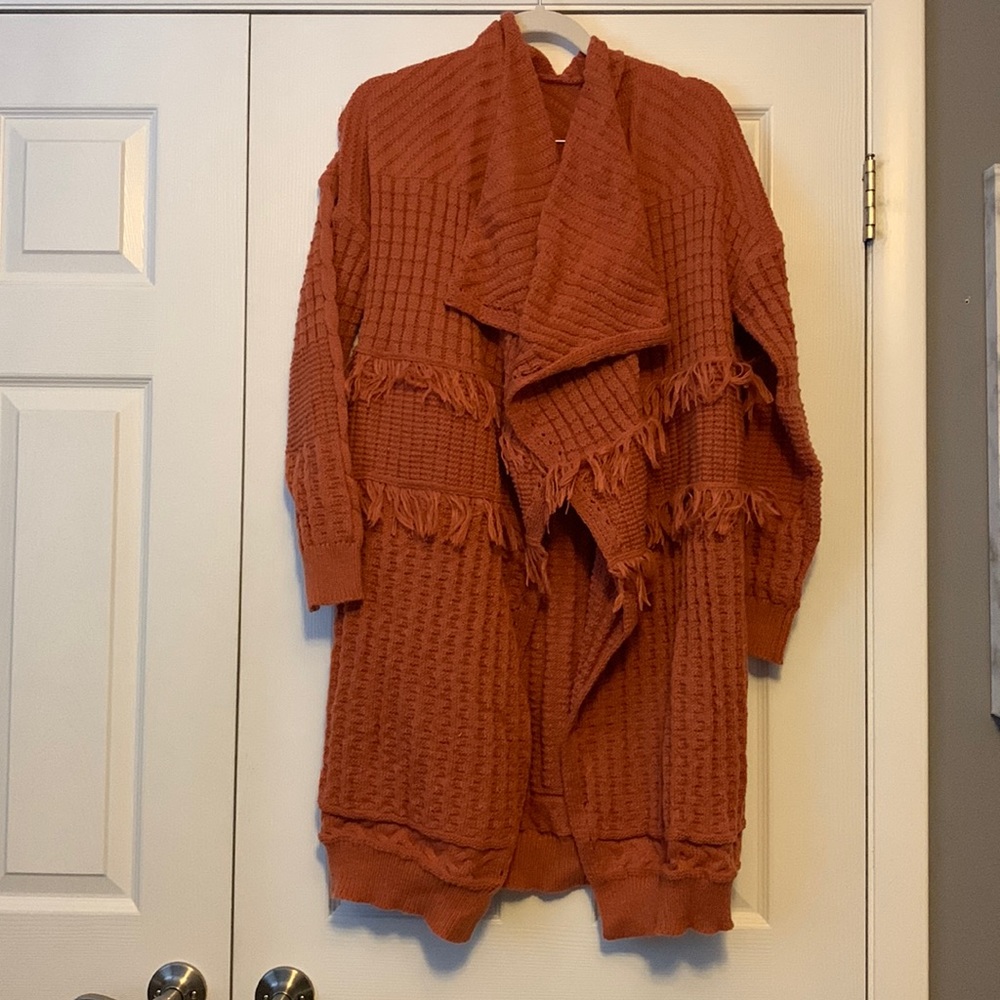 Waterfall Collar Fringe Trim Drop Shoulder Cardigan